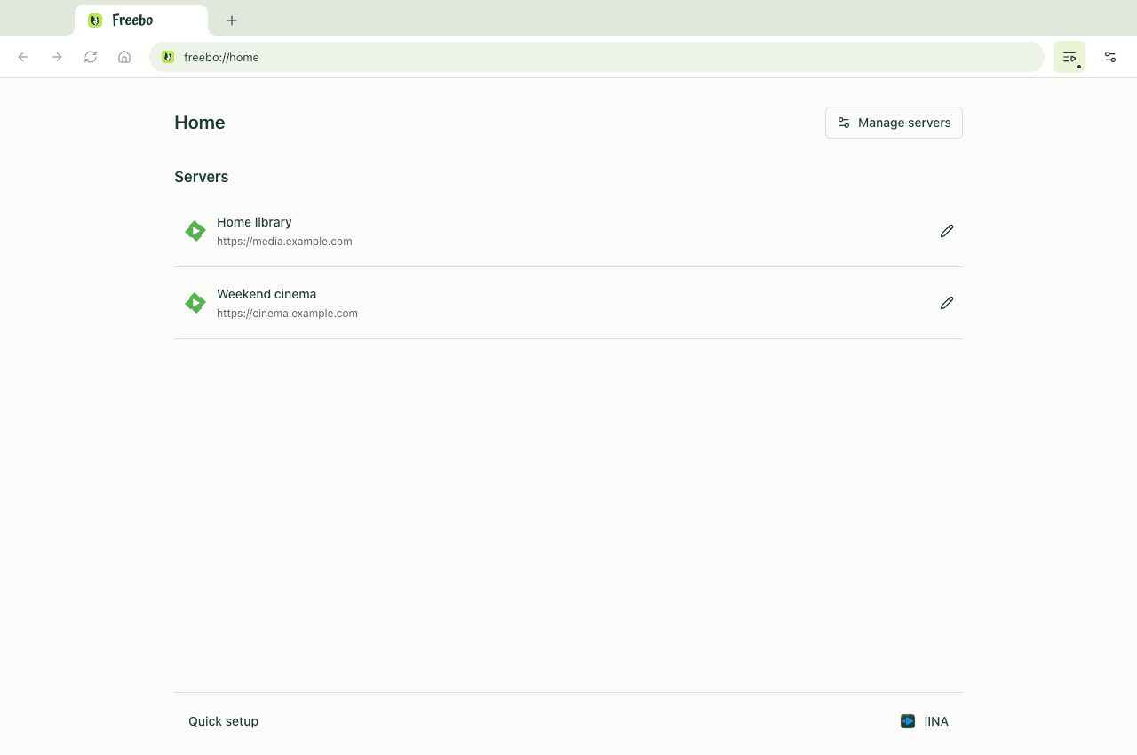 Freebo Home: example servers and the IINA player