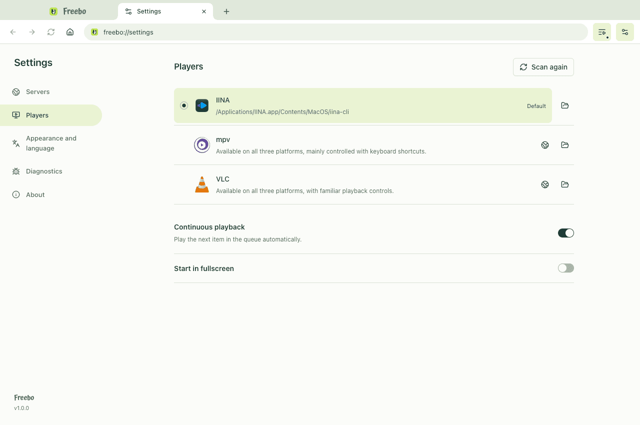 Player settings: selected IINA, website and manual-path controls for mpv and VLC, plus continuous playback and fullscreen preferences